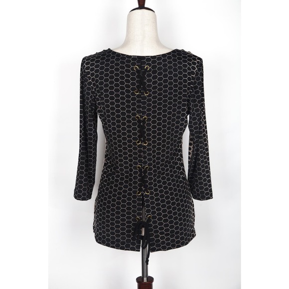 Women's Dressy Top V-Neck Size L Taupe Polka Dot Detailed Sleeves Klaveli NWT - Picture 2 of 2